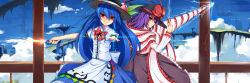Rule 34 | 2girls, absurdres, baisi shaonian, blue hair, blue sky, cloud, day, dress, drill, electricity, female focus, floating island, food, frills, fruit, grin, haraguroi you, hat, highres, hinanawi tenshi, long hair, long image, looking at viewer, multiple girls, nagae iku, orange eyes, peach, pointing, pointing at viewer, purple hair, railing, red eyes, ribbon, shawl, short hair, sky, smile, sword of hisou, touhou, wide image