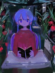 Rule 34 | 1girl, bad id, bad twitter id, blue eyes, blue hair, book, expressionless, flower, highres, holding, holding book, leaf, long hair, long sleeves, looking at viewer, original, red flower, red shirt, shirt, solo, table, tabmur, upper body