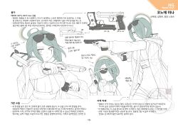 1girl absurdres beretta_92 blue_archive chest_harness commentary dual_wielding eyewear_on_head flukhan green_hair green_halo gun hair_over_one_eye halo handgun harness highres holding holding_weapon information_sheet korean_text magazine_(weapon) mina_(blue_archive) solo sunglasses translated weapon weapon_focus