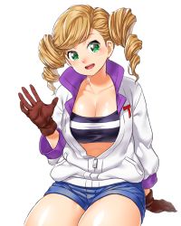Rule 34 | 1girl, blonde hair, breasts, cleavage, drill hair, echo turbine, eco turbine, gloves, green eyes, gundam, gundam tekketsu no orphans, jacket, large breasts, long hair, long sleeves, looking at viewer, onsoku inu, open mouth, short shorts, shorts, simple background, sitting, smile, solo, twin drills, twintails, unzipped, waving, white background