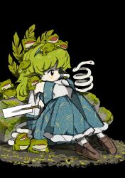 Rule 34 | 1girl, absurdres, black background, black eyes, blue skirt, brown footwear, closed mouth, commentary request, crossed arms, detached sleeves, expressionless, frilled skirt, frills, frog on head, frog on shoulder, from side, full body, gohei, green hair, highres, holding, holding gohei, knees up, kochiya sanae, long hair, neruzou, on ground, rock, shirt, shoes, sitting, skirt, snake, solo, too many frogs, touhou, white shirt, white sleeves