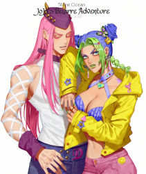 Rule 34 | 1boy, 1girl, 2021, absurdres, alternate costume, arm on another&#039;s shoulder, artist name, belt, birthmark, black headwear, blouse, blue hair, blue pants, braid, braided bun, braided ponytail, breasts, bug, bustier, butterfly, butterfly ornament, buttons, cleavage, copyright name, dated, closed eyes, green hair, green lips, green nails, hair bun, hair ornament, hairclip, highres, hood, hood down, insect, jacket, jewelry, joestar birthmark, jojo no kimyou na bouken, kuujou jolyne, large breasts, long hair, long sleeves, looking at viewer, makeup, multicolored hair, nail polish, narciso anasui, navel, necklace, open clothes, open jacket, pants, parted lips, pink hair, pink pants, ponytail, ring, shirt, simple background, stone ocean, two-tone hair, underwear, veela, white background, white shirt, yellow jacket