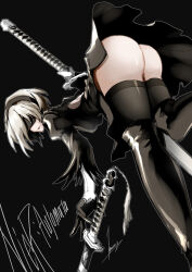 Rule 34 | 1girl, absurdres, ass, black background, black thighhighs, blindfold, highres, marcey, nier (series), nier:automata, solo, thighhighs, 2b (nier:automata)