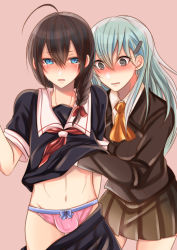Rule 34 | 10s, 1boy, 1girl, ahoge, androgynous, aqua hair, artist request, bad id, bad pixiv id, black eyes, blue eyes, blush, bow, bow panties, braid, brown hair, bulge, clothes pull, crossdressing, crying, crying with eyes open, embarrassed, flaccid, genderswap, genderswap (ftm), grey eyes, hair flaps, hair ornament, hair over shoulder, hairclip, hand under clothes, hand under shirt, kantai collection, long hair, looking at another, navel, neckerchief, necktie, orange necktie, panties, pink panties, red necktie, shigure (kancolle), shirt, shisei (kyuushoku banchou), single braid, skirt, skirt pull, surprised, suzuya (kancolle), tears, trap, underwear