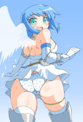 Rule 34 | 00s, 1girl, angel, angel of light nanael, angel wings, aqua eyes, ass, asymmetrical wings, back, bare shoulders, blue hair, blue panties, blush, boots, dress, elbow gloves, gloves, looking back, naitou kouse, nanael (queen&#039;s blade), nanael (queen's blade), panties, pantyshot, polka dot, polka dot panties, queen&#039;s blade, short hair, skirt, solo, standing, thigh boots, thighhighs, underwear, white dress, white skirt, white thighhighs, wind, wind lift, wings