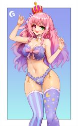 Rule 34 | 1girl, :d, blush, bra, bracelet, breasts, cleavage, crown, detached collar, frilled bra, frilled panties, frills, gradient hair, green eyes, hair ornament, heterochromia, highres, himemori luna, himemori luna (1st costume), hololive, jewelry, large breasts, long hair, looking at viewer, mini crown, multicolored hair, navel, notte, open mouth, panties, pink hair, purple eyes, purple hair, smile, solo, standing, stomach, thighhighs, underwear, virtual youtuber
