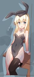 Rule 34 | 1girl, animal ears, arm support, bare shoulders, black leotard, black thighhighs, blonde hair, blue eyes, blush, breasts, covered navel, cowboy shot, cross, detached collar, fake animal ears, garrison cap, hat, helma lennartz, highleg, highleg leotard, highres, iron cross, leotard, long hair, looking at viewer, open mouth, oversized clothes, playboy bunny, rabbit ears, single thighhigh, small breasts, solo, strike witches, strike witches: suomus misfits squadron, thighhighs, tilt-shift (azalanz), world witches series, wrist cuffs