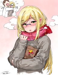 Rule 34 | 1boy, 1girl, bag, blonde hair, blush, brown hair, commentary request, ear blush, elf, enpera, faceless, faceless male, gift, gift bag, glasses, green eyes, grey sweater, happa (cloverppd), hetero, holding, holding gift, long hair, long sleeves, multiple views, nose blush, opaque glasses, open mouth, original, parted lips, pointy ears, red scarf, ribbed sweater, scarf, signature, simple background, sleeves past wrists, sweater, thick eyebrows, upper body