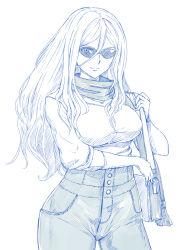 Rule 34 | 1girl, alternate costume, bag, breasts, commentary request, enu (n storage), hair between eyes, high-waist pants, holding, holding bag, jewelry, kantai collection, large breasts, long hair, long sleeves, monochrome, necklace, pants, richelieu (kancolle), scarf, see-through, shirt, shoulder bag, simple background, smile, solo, sunglasses, white background