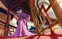 Rule 34 | 1girl, anklet, antenna hair, architecture, banpresto, barefoot, barefoot sandals (jewelry), bell, blue hair, east asian architecture, hand fan, highres, horns, jewelry, long hair, nail polish, open mouth, pointy ears, purple hair, single horn, smile, solo, st.microscope, super robot wars, super robot wars og saga mugen no frontier, suzuka hime, toenail polish, toenails, very long hair, yellow eyes