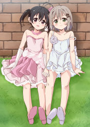 Rule 34 | 10s, 2girls, absurdres, antenna hair, bare shoulders, black hair, blush, bow, brick wall, brown hair, closed mouth, collarbone, dress, elbow gloves, gloves, grass, green eyes, hair between eyes, hair bow, hair ornament, hairclip, highres, holding hands, interlocked fingers, kuraue hinata, mousou (mousou temporary), multiple girls, on grass, parted lips, pink bow, pink dress, pink footwear, purple eyes, shoe soles, shoes, short hair, sitting, sleeveless, sleeveless dress, smile, strap slip, twintails, white dress, white footwear, white gloves, yama no susume, yukimura aoi