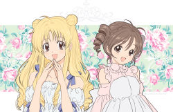 Rule 34 | 2girls, :d, ahoge, antenna hair, bare shoulders, blonde hair, blouse, braid, brown eyes, brown hair, commentary, crown braid, double bun, dress, drill hair, dual persona, eyelashes, floral background, full moon (full moon wo sagashite), full moon wo sagashite, hair bun, kaze-hime, kouyama mitsuki, long hair, multiple girls, off shoulder, open mouth, own hands together, ringlets, shirt, short hair, sidelocks, smile, twin drills, twintails, twitter username, upper body