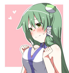Rule 34 | 1girl, 3:, bare arms, bare shoulders, blush, breasts squeezed together, breasts, cleavage, collared shirt, embarrassed, food, frog hair ornament, green eyes, green hair, hair ornament, heart, highres, kochiya sanae, kz oji, large breasts, long hair, matching hair/eyes, pocky, pocky day, shirt, sleeveless, snake hair ornament, solo, sweat, touhou, very long hair, wavy mouth