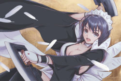 Rule 34 | 1girl, absurdres, black hair, breasts, butterfly swords, choker, cleavage, commentary request, cosplay, feathers, grey background, grey eyes, hair ornament, hairclip, highres, holding, holding weapon, iroha (samurai spirits), japanese clothes, lips, long sleeves, maid headdress, medium breasts, open mouth, samurai spirits, short hair, simple background, snk, teeth, tyanoki, upper teeth only, weapon, wide sleeves