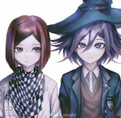 Rule 34 | 1boy, 1girl, absurdres, artist name, black hair, black headwear, black jacket, brown eyes, brown vest, buttons, checkered clothes, checkered neckwear, checkered scarf, closed mouth, collared shirt, commentary, cosplay, costume switch, danganronpa (series), danganronpa v3: killing harmony, dress shirt, english commentary, flipped hair, grey background, grey jacket, hair between eyes, hat, highres, jacket, looking at viewer, nika kapustka, oma kokichi, oma kokichi (cosplay), open clothes, open jacket, red hair, scarf, shirt, short hair, simple background, upper body, vest, watermark, white shirt, witch hat, yumeno himiko, yumeno himiko (cosplay)