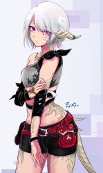 Rule 34 | 10s, 1girl, artist request, asymmetrical clothes, au ra, dragon tail, female focus, final fantasy, final fantasy xiv, frown, grey hair, horns, looking at viewer, midriff, navel, purple eyes, scales, shorts, solo, tail, wide hips