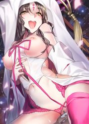 Rule 34 | 1boy, 1girl, 92m, bar censor, bare shoulders, black hair, blush, breasts, censored, clothed sex, clothing aside, cowgirl position, detached sleeves, facial mark, fate/extra, fate/extra ccc, fate (series), forehead mark, girl on top, hetero, highres, horns, large breasts, long hair, looking at viewer, navel, nipples, open mouth, panties, panties aside, parted bangs, pink legwear, pink panties, pussy, revealing clothes, sessyoin kiara, sex, solo focus, star (symbol), starry background, straddling, tassel, tattoo, underwear, vaginal, veil, wavy hair, wide sleeves, yellow eyes