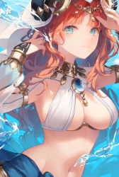 Rule 34 | 1girl, aqua eyes, arm up, blue nails, blue skirt, breasts, brooch, circlet, cleavage, closed mouth, clothing cutout, genshin impact, harem outfit, highres, horns, jenil, jewelry, large breasts, long hair, long sleeves, looking at viewer, nail polish, navel, neck ring, nilou (genshin impact), parted bangs, puffy long sleeves, puffy sleeves, red hair, skirt, smile, solo, stomach, upper body, vambraces, veil, water