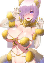 Rule 34 | 1girl, animal ears, bare shoulders, blush, breasts, fake animal ears, fate/grand order, fate (series), fox ears, fox girl, fox tail, fur-trimmed gloves, fur-trimmed legwear, fur trim, gloves, hair between eyes, hair over one eye, highres, kemurin, large breasts, light purple hair, looking at viewer, mash kyrielight, mash kyrielight (dangerous beast), navel, open mouth, purple eyes, purple hair, short hair, simple background, smile, solo, standing, tail, thighhighs, white background