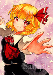 Rule 34 | 1girl, ascot, bad id, bad pixiv id, black skirt, blonde hair, blush, bow, brown eyes, hair bow, long sleeves, looking at viewer, open mouth, outstretched arms, qqqrinkappp, red bow, rumia, sample watermark, short hair, skirt, skirt set, smile, solo, touhou, traditional media, watermark