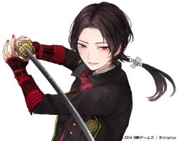 Rule 34 | 10s, 1boy, armor, brown hair, company name, dated, earrings, japanese armor, jewelry, jpeg artifacts, kashuu kiyomitsu, katana, kote, kumita (sumica), long hair, male focus, mole, mole under mouth, nail polish, official art, ponytail, red eyes, red nails, simple background, solo, sword, touken ranbu, upper body, watermark, weapon, white background