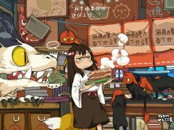 Rule 34 | ..., 1girl, animal ears, annoyed, apron, artist name, book, brown hair, counter, creature, ears down, fish (food), food, fox ears, fox girl, fox tail, frown, hachimaki, headband, highres, holding, holding food, japanese clothes, jitome, kimono, long hair, looking ahead, looking at another, monster, nejiri hachimaki, noren, original, peeking out, pouch, shelf, spoken ellipsis, standing, steam, tail, yellow eyes, yogin