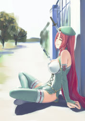 Rule 34 | 1girl, adapted costume, bare shoulders, beret, boots, breasts, bridal gauntlets, cleavage, cleavage cutout, clothing cutout, day, closed eyes, female focus, gate, hat, hong meiling, knife, knifed, large breasts, crossed legs, long hair, outdoors, raybar, red hair, sitting, smile, solo, thigh boots, thighhighs, touhou, very long hair, wrestling outfit