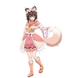 Rule 34 | 1girl, animal ears, blush, boots, breasts, brown eyes, brown hair, dress, fox ears, fox tail, frilled dress, frilled hairband, frills, full body, girls und panzer, hairband, highres, key (gaigaigai123), nishizumi maho, open mouth, orange footwear, short hair, simple background, small breasts, solo, tail, white background