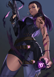 Rule 34 | 1girl, absurdres, animification, bare shoulders, breasts, earrings, from below, highres, holding, holding weapon, jewelry, kagematsuri, large breasts, long hair, looking at viewer, nail polish, parted lips, purple eyes, purple hair, purple nails, reyna (valorant), simple background, smile, thigh strap, valorant, weapon