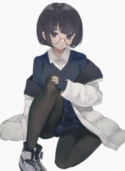 Rule 34 | 1girl, black-framed eyewear, black hair, black nails, black pantyhose, blue skirt, blue sweater, closed mouth, collared shirt, commentary, dress shirt, glasses, grey background, highres, jacket, long sleeves, looking at viewer, nail polish, off shoulder, ogami ren, open clothes, open jacket, original, pantyhose, pleated skirt, purple eyes, round eyewear, shirt, shoes, skirt, sleeves past wrists, solo, sweater, symbol-only commentary, white footwear, white jacket, white shirt