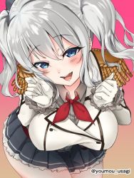 Rule 34 | 10s, 1girl, beret, black hat, blue skirt, blush, breasts, collared shirt, epaulettes, frilled skirt, frilled sleeves, frills, from above, gloves, gradient background, grey shirt, hat, jacket, kantai collection, kashima (kancolle), large breasts, long hair, long sleeves, looking at viewer, miniskirt, neckerchief, open mouth, pink background, pleated skirt, red neckerchief, shirt, silver hair, skirt, solo, twintails, twitter username, white gloves, white jacket, youmou usagi