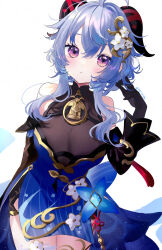 Rule 34 | 1girl, ahoge, bare shoulders, bell, black gloves, blue dress, blue hair, breasts, cleavage, detached sleeves, dot mouth, dress, ganyu (genshin impact), ganyu (twilight blossom) (genshin impact), genshin impact, gloves, goat horns, hair ornament, hand up, highres, horns, large breasts, looking at viewer, neck bell, official alternate costume, official alternate hairstyle, playing with own hair, purple eyes, sakurato remi, see-through, see-through cleavage, sidelocks, sleeveless, sleeveless dress, solo, white background