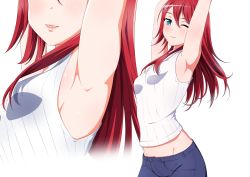 Rule 34 | 10s, 1girl, aqua eyes, armpits, arms up, bang dream!, blush, breasts, close-up, denim, groin, hair between eyes, head out of frame, highres, jeans, long hair, looking at viewer, multiple views, one eye closed, pants, parted lips, red hair, ribbed sweater, sakamata (sakamata4), simple background, sleeveless, small breasts, smile, sweater, udagawa tomoe, white background, white sweater, wink