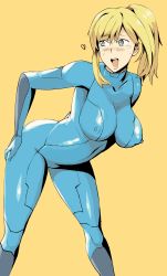 Rule 34 | 1girl, :d, arched back, armpits, arms behind back, bad deviantart id, bad id, bent over, blonde hair, blue eyes, blush, bodysuit, boots, breasts, breasts apart, covered erect nipples, hand on thigh, heart, high ponytail, highres, impossible bodysuit, impossible clothes, knee boots, large breasts, long hair, looking afar, madkaiser, metroid, nintendo, open mouth, parted bangs, ponytail, presenting, puffy nipples, saliva, samus aran, scrunchie, sidelocks, simple background, skin tight, smile, solo, spoken heart, spread legs, standing, sweat, tears, thighs, yellow background, zero suit