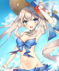 Rule 34 | 1girl, :d, absurdres, arm up, armpits, bad id, bad pixiv id, bikini, bikini skirt, blue bikini, blue eyes, blue sky, breasts, cleavage, cloud, day, fate/grand order, fate (series), fingerless gloves, flower, front-tie bikini top, front-tie top, gloves, grey hair, groin, hand on headwear, hat, hat flower, hat ribbon, highres, jewelry, long hair, looking at viewer, marie antoinette (fate), marie antoinette (fate/grand order), marie antoinette (swimsuit caster) (fate), marie antoinette (swimsuit caster) (third ascension) (fate), medium breasts, navel, necklace, open mouth, outdoors, ribbon, round teeth, sky, smile, solo, sun hat, swimsuit, teeth, twintails, upper body, very long hair, water, yuuko (030 yuko)
