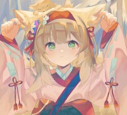 Rule 34 | 1girl, animal, animal ear fluff, animal ears, animal on head, arknights, arms up, blonde hair, closed mouth, commentary request, fox, fox ears, fox girl, fox tail, green eyes, hair between eyes, hairband, highres, japanese clothes, kimono, long hair, long sleeves, looking up, on head, pink kimono, red hairband, sleeves past wrists, smile, solo, suzuran (arknights), suzuran (yukibare) (arknights), tail, tochi (tochitochi2523), upper body, wide sleeves