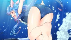 Rule 34 | 10s, 1girl, ass, barefoot, blue hair, breasts, fang, from behind, hair ornament, hair ribbon, i-19 (kancolle), kantai collection, large breasts, long hair, looking back, one-piece swimsuit, red eyes, ribbon, school swimsuit, smile, solo, swimsuit, torpedo, twintails, underwater, yuto (dialique)