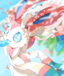 Rule 34 | blue eyes, blurry, blush, bright pupils, closed mouth, commentary request, creatures (company), falling petals, game freak, gen 6 pokemon, highres, nintendo, no humans, petals, pokemon, pokemon (creature), signature, smile, solo, surumeika (ninfiiiir), sylveon, white pupils