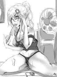 Rule 34 | 1girl, at2., breasts, cleavage, collarbone, electric fan, food, glasses, greyscale, large breasts, looking at viewer, medium hair, minecraft, monochrome, original, ponytail, popsicle, rectangular eyewear, sitting, sketch, solo, sweat, tongue, tongue out, wariza