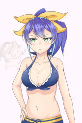 Rule 34 | 1girl, absurdres, bare shoulders, bikini, bikini top only, blue hair, blush, breasts, cleavage, green eyes, hair ribbon, hand on own hip, highres, multicolored hair, navel, ponytail, pout, purple hair, ribbon, serena (yu-gi-oh!), solo, solo focus, standing, swimsuit, two-tone hair, yu-gi-oh!