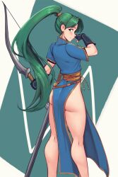 Rule 34 | 1girl, absurdres, ass, ass focus, bare legs, bow (weapon), earrings, feet out of frame, fingerless gloves, fire emblem, fire emblem: the blazing blade, gloves, green eyes, green hair, high ponytail, highres, holding, holding weapon, jewelry, legs, long hair, lyn (fire emblem), nintendo, ponytail, raichiyo33, scabbard, sheath, side slit, simple background, smile, solo, thighs, very long hair, weapon