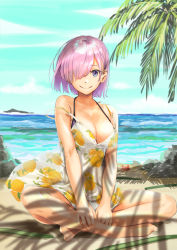 Rule 34 | 1girl, aiueonesan (umanaminoatama), alternate costume, beach, bikini, bikini under clothes, breasts, cleavage, collarbone, commentary request, crab, day, dress, fate/grand order, fate (series), hair over one eye, large breasts, looking at viewer, mash kyrielight, ocean, orange print, palm tree, purple eyes, purple hair, short hair, sitting, smile, solo, spaghetti strap, strap slip, sundress, swimsuit, tree