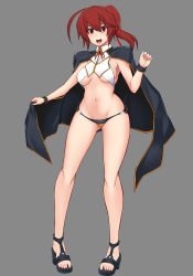 Rule 34 | 1girl, adapted costume, ahoge, blazblue, blush, breasts, brown eyes, brown hair, cape, celica a. mercury, commentary request, criss-cross halter, gluteal fold, grey background, groin, hair ribbon, halterneck, highres, huge ahoge, legs, long legs, lowleg, lowleg panties, navel, open mouth, panties, ponytail, red ribbon, revealing clothes, ribbon, sandals, side ponytail, small breasts, solo, standing, tanabe (studio tiamat), toes, underboob, underwear, wrist cuffs