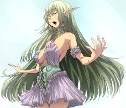 Rule 34 | 1girl, amami amayu, bare shoulders, breasts, closed eyes, dress, elf, green hair, large breasts, long hair, long pointy ears, monster collection, music, no bra, oekaki, open mouth, pointy ears, short dress, sideboob, singing, solo, strapless, strapless dress, very long hair