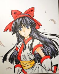 Rule 34 | 1girl, ainu clothes, black hair, blue eyes, breasts, cleavage, feathers, hair ribbon, long hair, looking at viewer, nakoruru, parted lips, ribbon, samurai spirits, small breasts, snk, solo, the king of fighters, traditional media