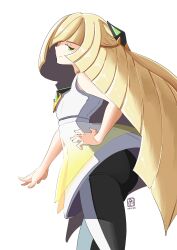 Rule 34 | 1girl, ass, automatic giraffe, bare shoulders, black pants, blonde hair, closed mouth, creatures (company), dress, game freak, green eyes, hair ornament, hair over one eye, hand on own hip, highres, long hair, lusamine (pokemon), nintendo, one eye covered, pants, pokemon, pokemon sm, signature, simple background, sleeveless, sleeveless dress, smile, solo, very long hair, white background, white dress