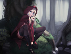 Rule 34 | 1girl, blonde hair, blue eyes, boots, chyko7080, forest, hood, hooded jacket, jacket, legs, lips, nature, no bra, original, roots, shorts, sitting, solo, thighhighs, tree