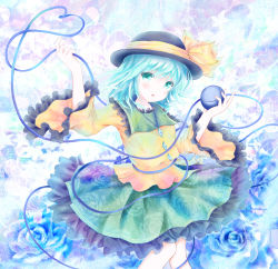 Rule 34 | 1girl, :o, bad id, bad pixiv id, blouse, blue flower, blue hair, blue rose, floral background, floral print, flower, frilled skirt, frilled sleeves, frills, green eyes, hat, hat ribbon, heart, heart of string, highres, komeiji koishi, legs together, long sleeves, looking at viewer, ribbon, rose, shino (shinderera), shirt, short hair, skirt, solo, third eye, touhou