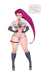 Rule 34 | 1girl, black gloves, blue eyes, boots, breasts, choker, collarbone, colorized, creatures (company), crop top, elbow gloves, female pubic hair, full body, game freak, gloves, gluteal fold, hands on own hips, high heel boots, high heels, highres, jessie (pokemon), large breasts, legs, lips, lm (legoman), long hair, looking at viewer, microskirt, midriff, navel, nintendo, nipple piercing, nipples, no panties, open mouth, toeless footwear, piercing, pink hair, poke ball, pokemon, pokemon (anime), pubic hair, pussy, pussy juice, sex toy, shunori, skirt, solo, speech bubble, standing, teeth, text focus, thick thighs, thighlet, thighs, toes, uncensored, vibrator