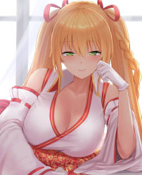 Rule 34 | .live, 1girl, blonde hair, blush, braid, breasts, cleavage, closed mouth, collarbone, commentary request, detached sleeves, gloves, green eyes, hair ribbon, highres, indoors, japanese clothes, kimono, kongou iroha, large breasts, long hair, long sleeves, lying, obi, on side, red ribbon, ribbon, ribbon-trimmed sleeves, ribbon trim, sash, seductive smile, smile, solo, tipo (tipoplaza), twintails, upper body, very long hair, virtual youtuber, white gloves, white kimono, window